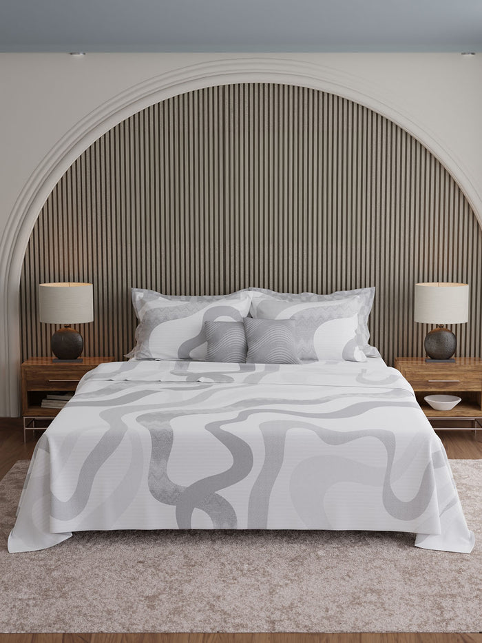 Luxe Loom 100% Cotton 600 TC King Bedsheet with 4 Pillow Covers & 2 Cushion Covers | Grey & White Abstract Bedsheet Set