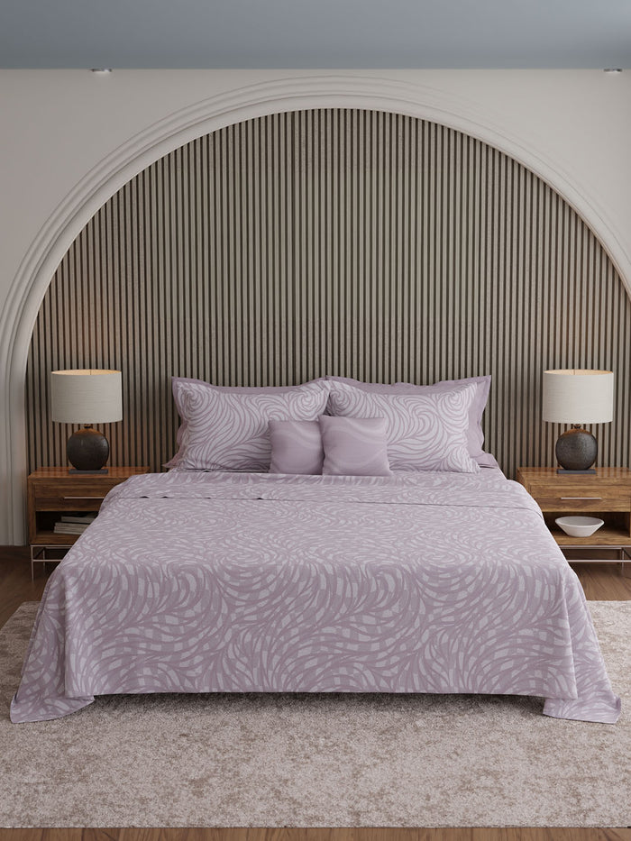 Luxe Loom 100% Cotton 600 TC King Bedsheet with 4 Pillow Covers & 2 Cushion Covers | Purple Printed Bedsheet Set