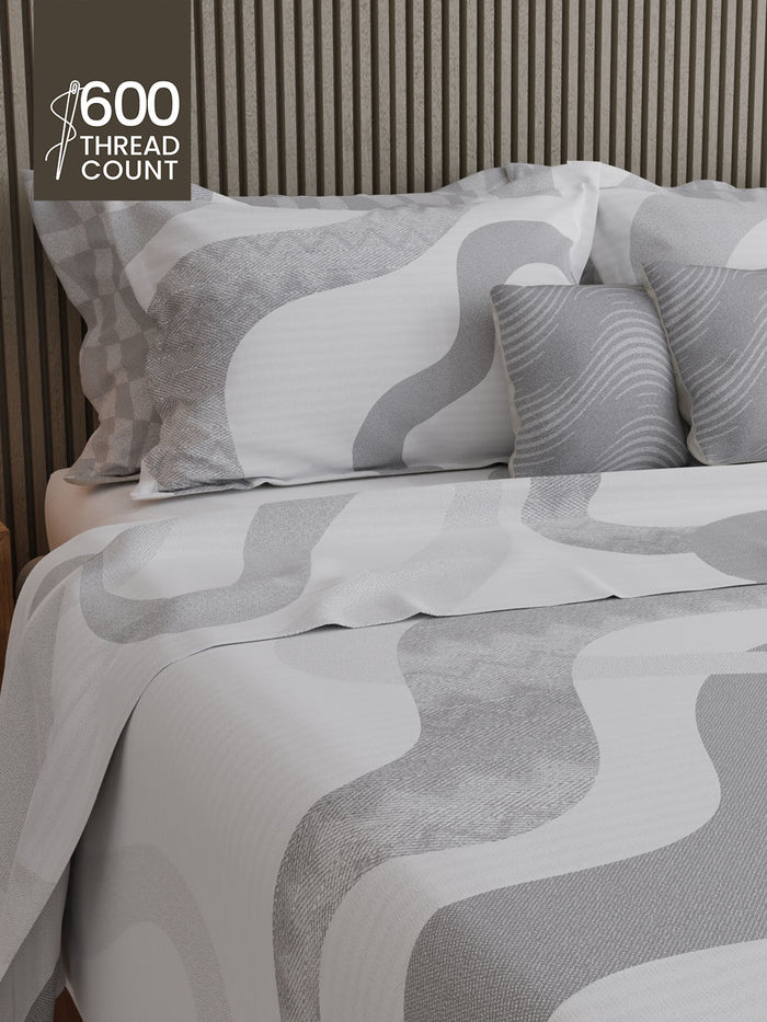Luxe Loom 100% Cotton 600 TC King Bedsheet with 4 Pillow Covers & 2 Cushion Covers | Grey & White Abstract Bedsheet Set