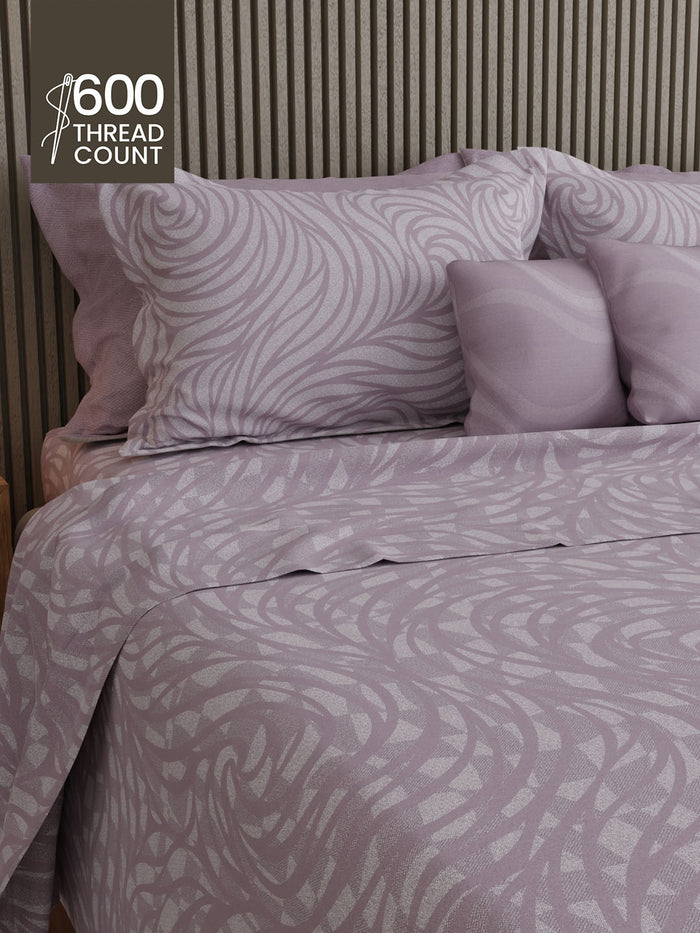 Luxe Loom 100% Cotton 600 TC King Bedsheet with 4 Pillow Covers & 2 Cushion Covers | Purple Printed Bedsheet Set