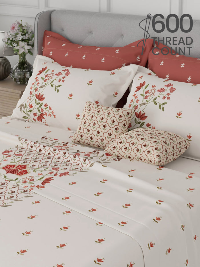 Luxe Loom 100% Cotton 600 TC King Bedsheet with 4 Pillow Covers & 2 Cushion Covers | Red & White Floral Bedsheet Set