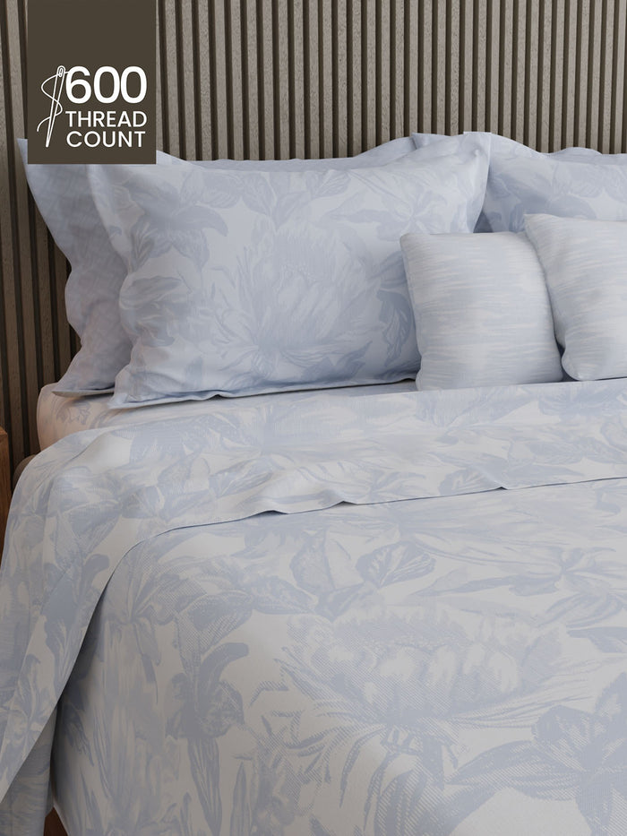 Luxe Loom 100% Cotton 600 TC King Bedsheet with 4 Pillow Covers & 2 Cushion Covers | Blue Floral Bedsheet Set