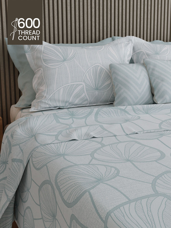 Luxe Loom 100% Cotton 600 TC King Bedsheet with 4 Pillow Covers & 2 Cushion Covers | White Floral Bedsheet Set