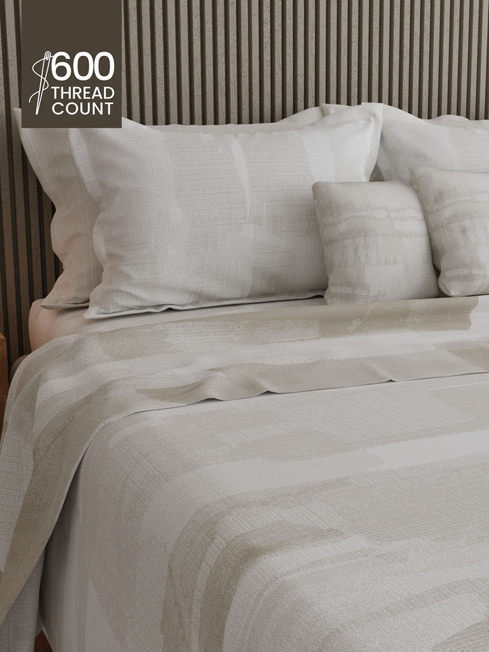Luxe Loom 100% Cotton 600 TC King Bedsheet with 4 Pillow Covers & 2 Cushion Covers | Grey Abstract Bedsheet Set