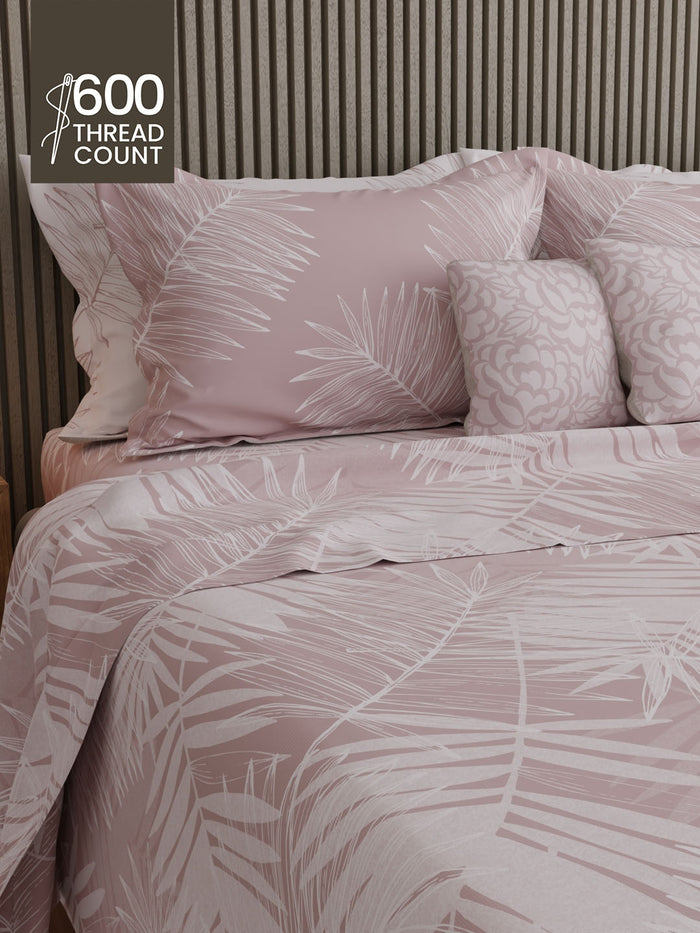 Luxe Loom 100% Cotton 600 TC King Bedsheet with 4 Pillow Covers & 2 Cushion Covers | Pink Floral Bedsheet Set