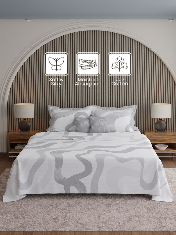 Luxe Loom 100% Cotton 600 TC King Bedsheet with 4 Pillow Covers & 2 Cushion Covers | Grey & White Abstract Bedsheet Set