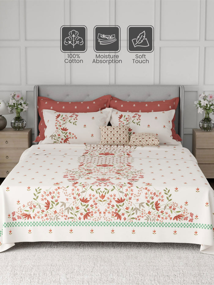 Luxe Loom 100% Cotton 600 TC King Bedsheet with 4 Pillow Covers & 2 Cushion Covers | Red & White Floral Bedsheet Set