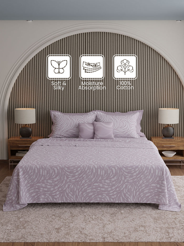 Luxe Loom 100% Cotton 600 TC King Bedsheet with 4 Pillow Covers & 2 Cushion Covers | Purple Printed Bedsheet Set