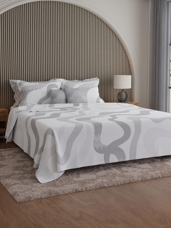 Luxe Loom 100% Cotton 600 TC King Bedsheet with 4 Pillow Covers & 2 Cushion Covers | Grey & White Abstract Bedsheet Set