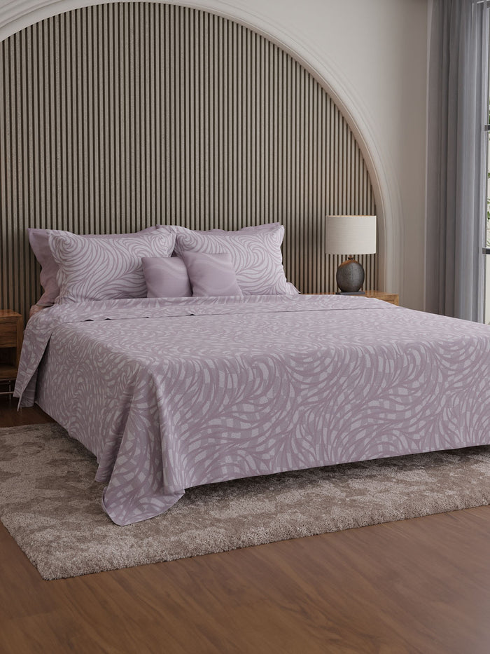 Luxe Loom 100% Cotton 600 TC King Bedsheet with 4 Pillow Covers & 2 Cushion Covers | Purple Printed Bedsheet Set