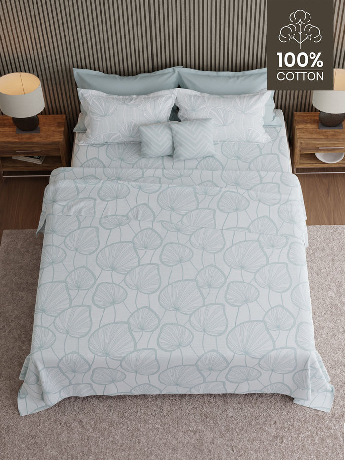 Luxe Loom 100% Cotton 600 TC King Bedsheet with 4 Pillow Covers & 2 Cushion Covers | White Floral Bedsheet Set