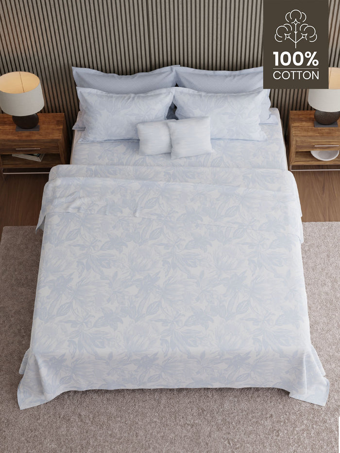 Luxe Loom 100% Cotton 600 TC King Bedsheet with 4 Pillow Covers & 2 Cushion Covers | Blue Floral Bedsheet Set