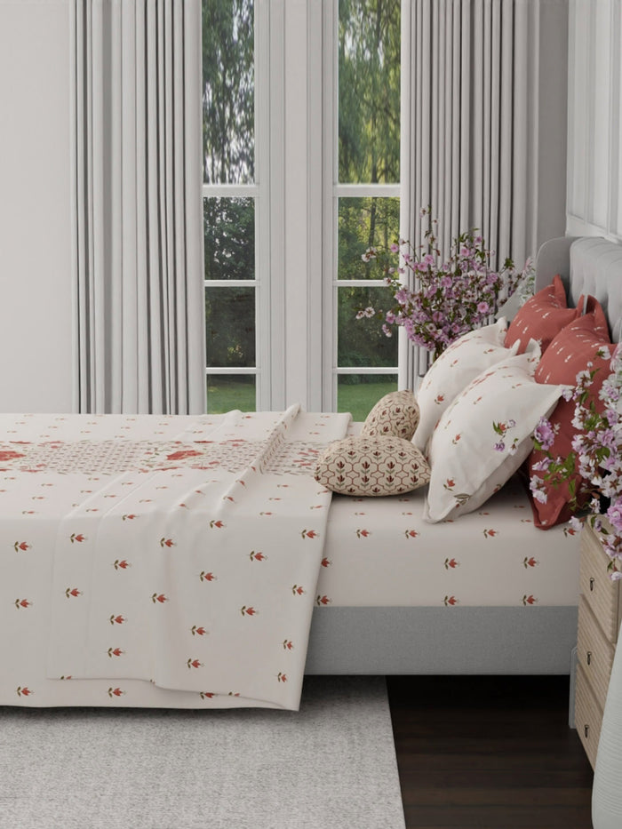 Luxe Loom 100% Cotton 600 TC King Bedsheet with 4 Pillow Covers & 2 Cushion Covers | Red & White Floral Bedsheet Set