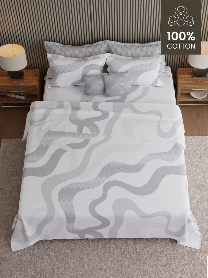 Luxe Loom 100% Cotton 600 TC King Bedsheet with 4 Pillow Covers & 2 Cushion Covers | Grey & White Abstract Bedsheet Set