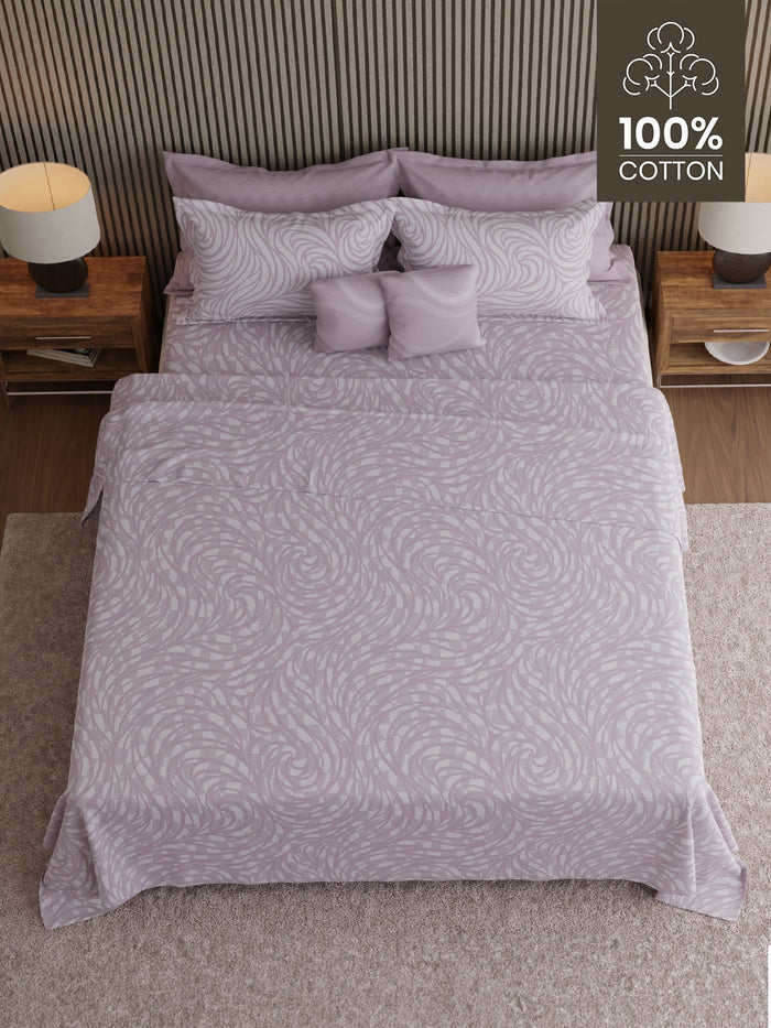 Luxe Loom 100% Cotton 600 TC King Bedsheet with 4 Pillow Covers & 2 Cushion Covers | Purple Printed Bedsheet Set
