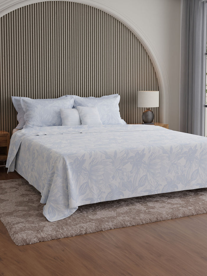Luxe Loom 100% Cotton 600 TC King Bedsheet with 4 Pillow Covers & 2 Cushion Covers | Blue Floral Bedsheet Set