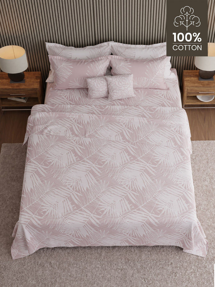 Luxe Loom 100% Cotton 600 TC King Bedsheet with 4 Pillow Covers & 2 Cushion Covers | Pink Floral Bedsheet Set