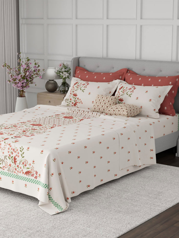 Luxe Loom 100% Cotton 600 TC King Bedsheet with 4 Pillow Covers & 2 Cushion Covers | Red & White Floral Bedsheet Set