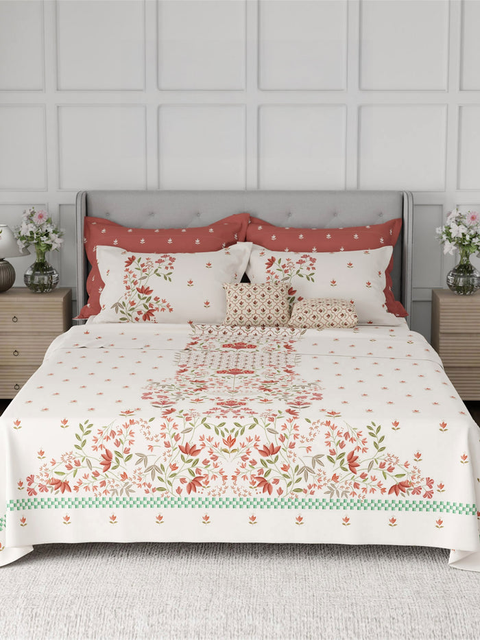 Luxe Loom 100% Cotton 600 TC King Bedsheet with 4 Pillow Covers & 2 Cushion Covers | Red & White Floral Bedsheet Set