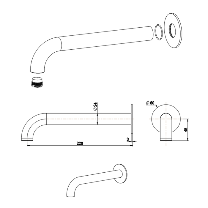 Mica Brushed Nickel Bath/Basin Spouts - 220mm