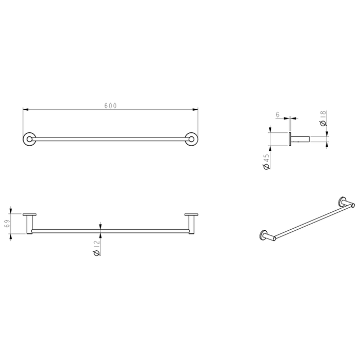 Mica Brushed Nickel Single Towel Rail - 600mm