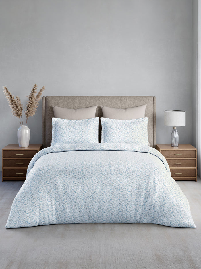 Nature Bouquet 100% Cotton 300 TC King Bedsheet with 2 Pillow Covers | Blue & White Floral Fragrance Bedsheet Set