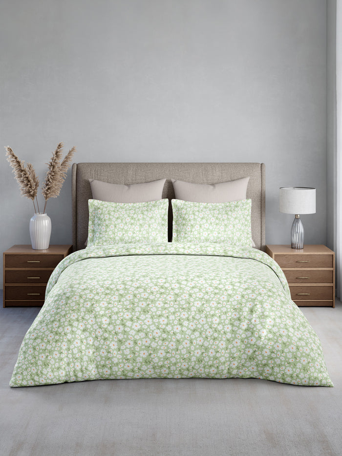 Nature Bouquet 100% Cotton 300 TC King Bedsheet with 2 Pillow Covers | Green Floral Fragrance Bedsheet Set