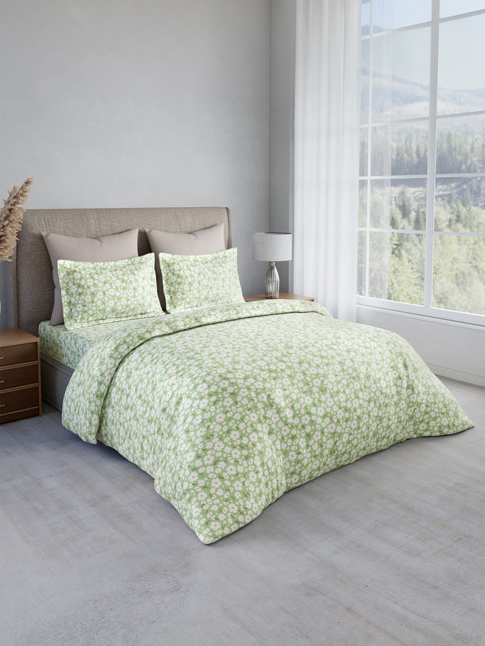 Nature Bouquet 100% Cotton 300 TC King Bedsheet with 2 Pillow Covers | Green Floral Fragrance Bedsheet Set