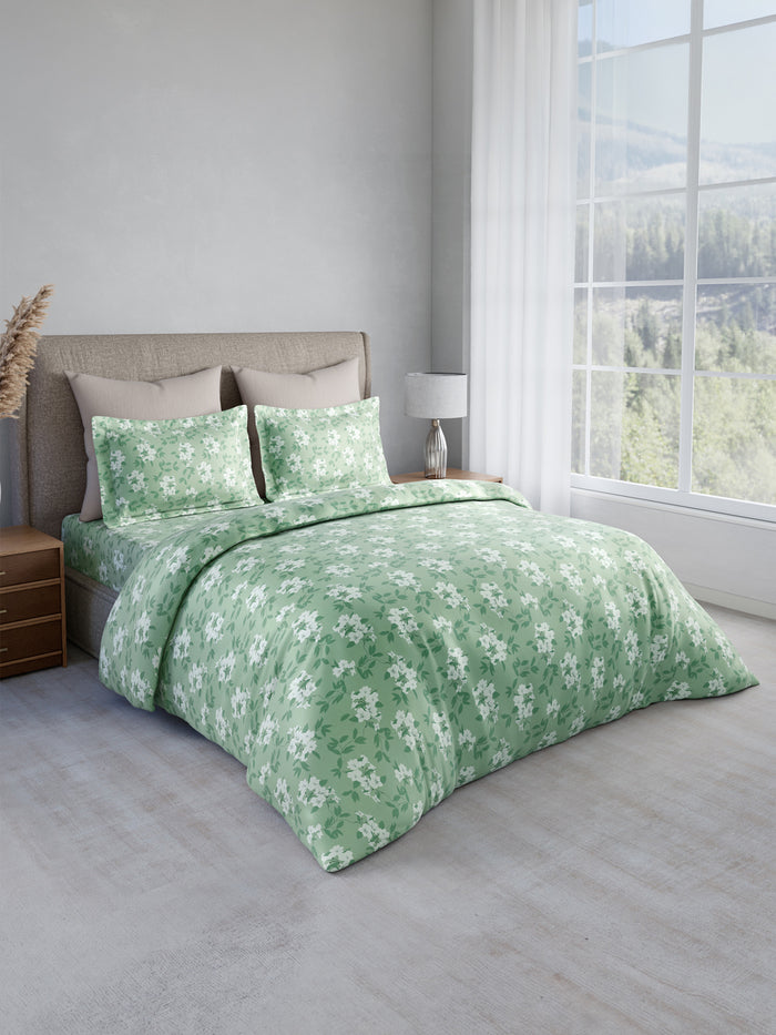 Nature Bouquet 100% Cotton 300 TC King Bedsheet with 2 Pillow Covers | Green Floral Fragrance Bedsheet Set