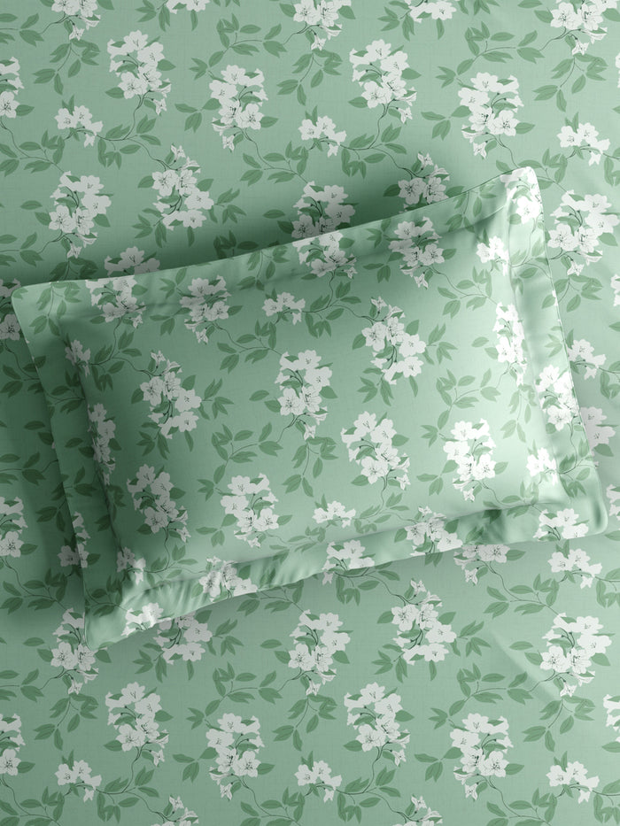 Nature Bouquet 100% Cotton 300 TC King Bedsheet with 2 Pillow Covers | Green Floral Fragrance Bedsheet Set