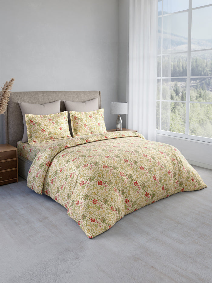 Nature Bouquet 100% Cotton 300 TC King Bedsheet with 2 Pillow Covers | Green & Red Floral Fragrance Bedsheet Set
