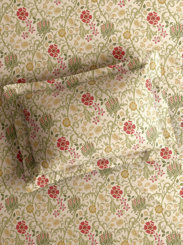 Nature Bouquet 100% Cotton 300 TC King Bedsheet with 2 Pillow Covers | Green & Red Floral Fragrance Bedsheet Set