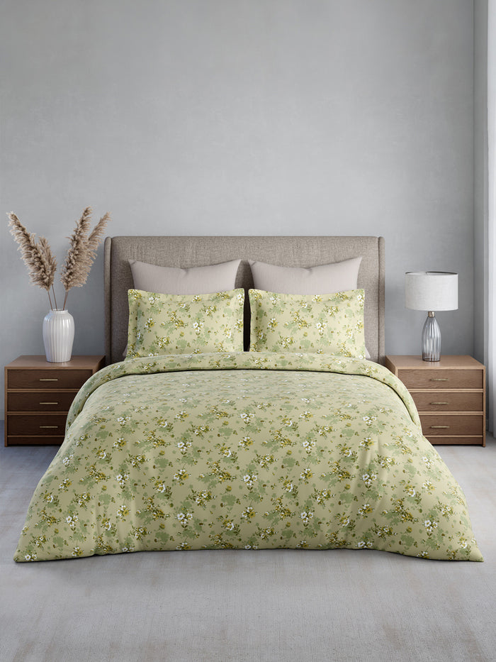 Nature Bouquet 100% Cotton 300 TC King Bedsheet with 2 Pillow Covers | Green & White Floral Fragrance Bedsheet Set