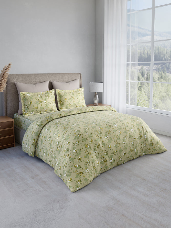 Nature Bouquet 100% Cotton 300 TC King Bedsheet with 2 Pillow Covers | Green & White Floral Fragrance Bedsheet Set