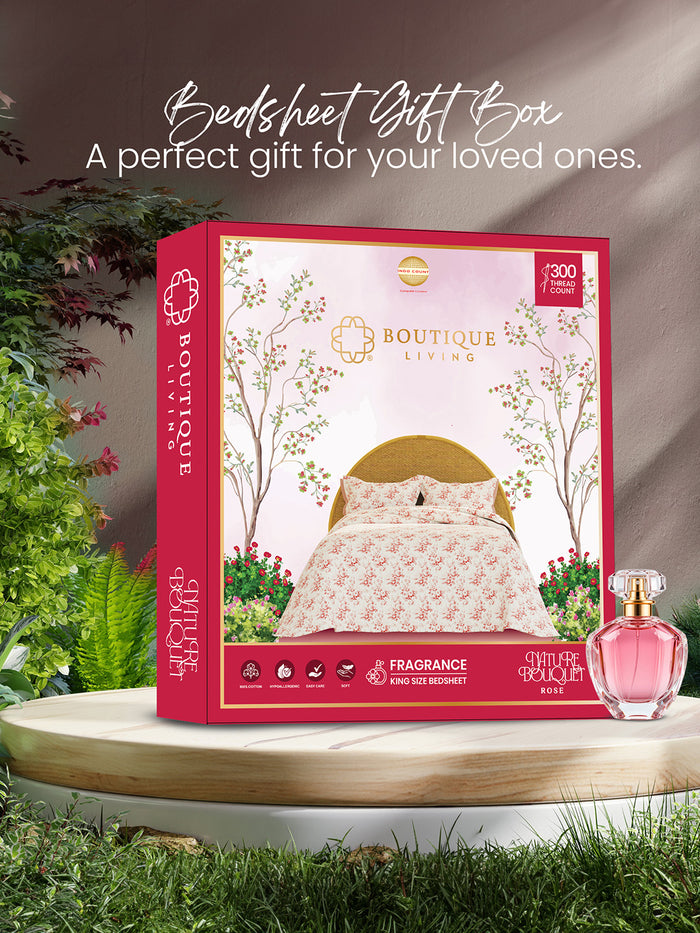 Nature Bouquet 100% Cotton 300 TC King Bedsheet with 2 Pillow Covers | Pink & White Floral Fragrance Bedsheet Set
