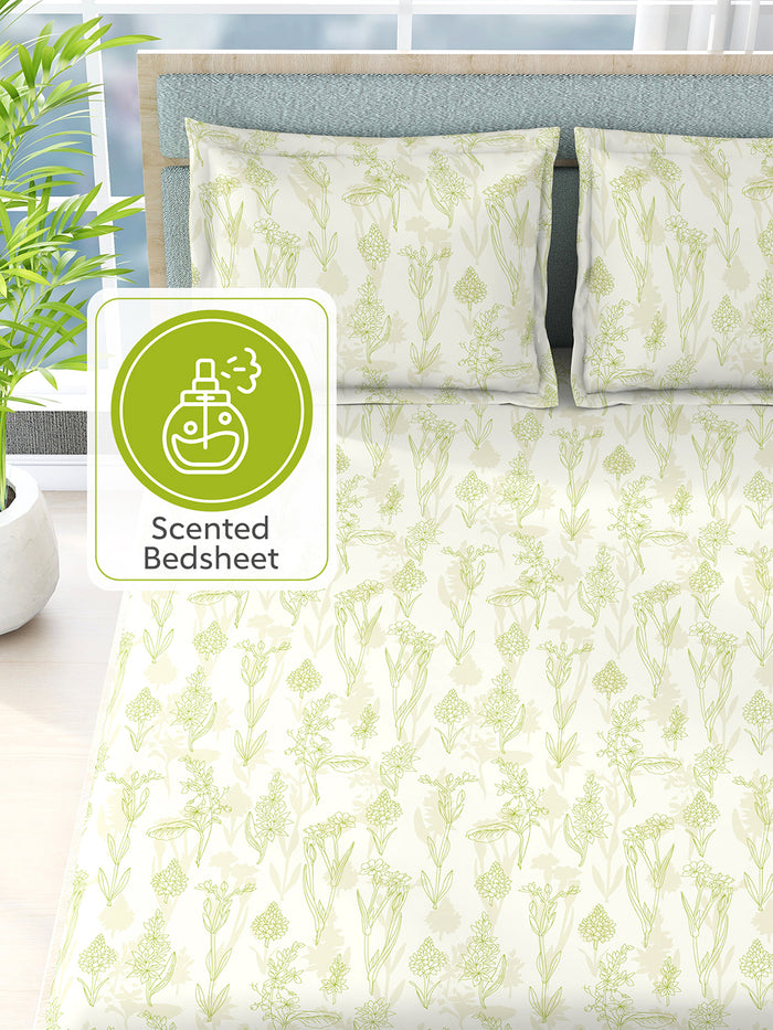 Nature Bouquet 100% Cotton 300 TC King Bedsheet with 2 Pillow Covers | White Floral Fragrance Bedsheet Set