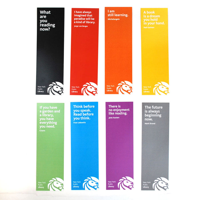 A collection of colorful paper bookmarks with quotes printed on them on a white background. Bookmarks feature the NYPL lion logo at the bottom corner.