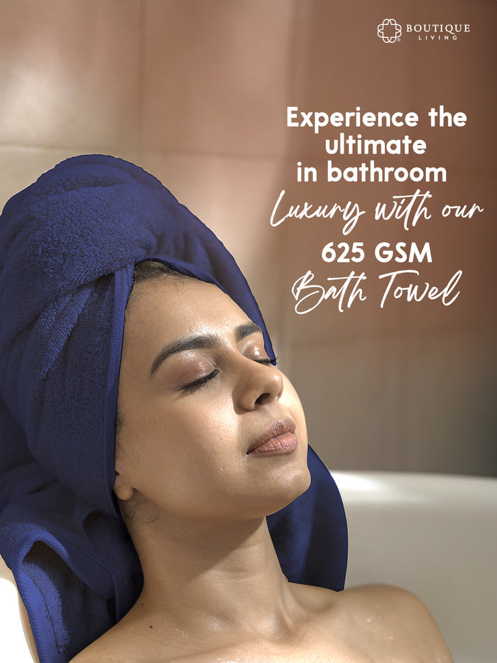 Boutique Living Platinum Pulse 625 GSM navy blue bath towel category image showing luxurious spa-like comfort.