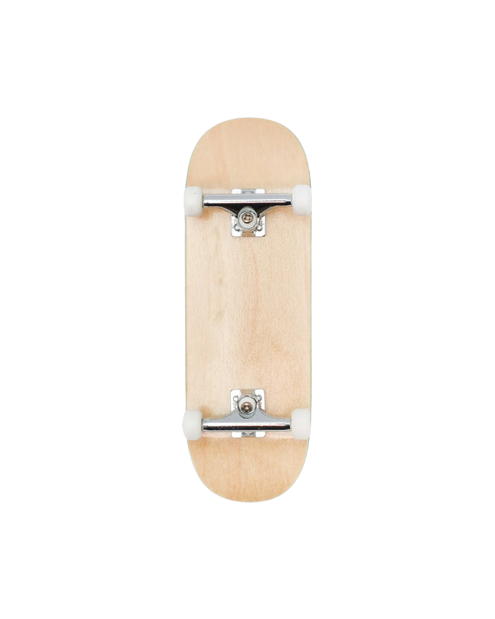 A miniature finger skateboard with a light natural wood grip, white wheels, and silver metal trucks, shown from the underside against a solid white background.