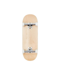 A miniature finger skateboard with a light natural wood grip, white wheels, and silver metal trucks, shown from the underside against a solid white background.