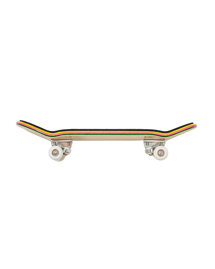 A skateboard viewed from underneath, showing a light natural wood deck with green, yellow, and orange grip tape stripes, mounted on silver trucks with white wheels, isolated on a white background.