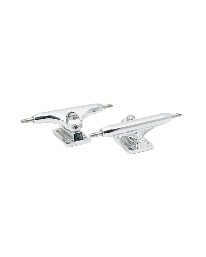 Chrome-plated skateboard trucks without wheels or a board with a transparent background.