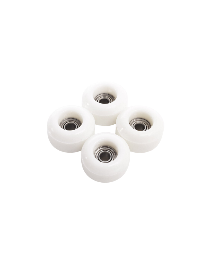 A set of four white skateboard wheels on a transparent background.
