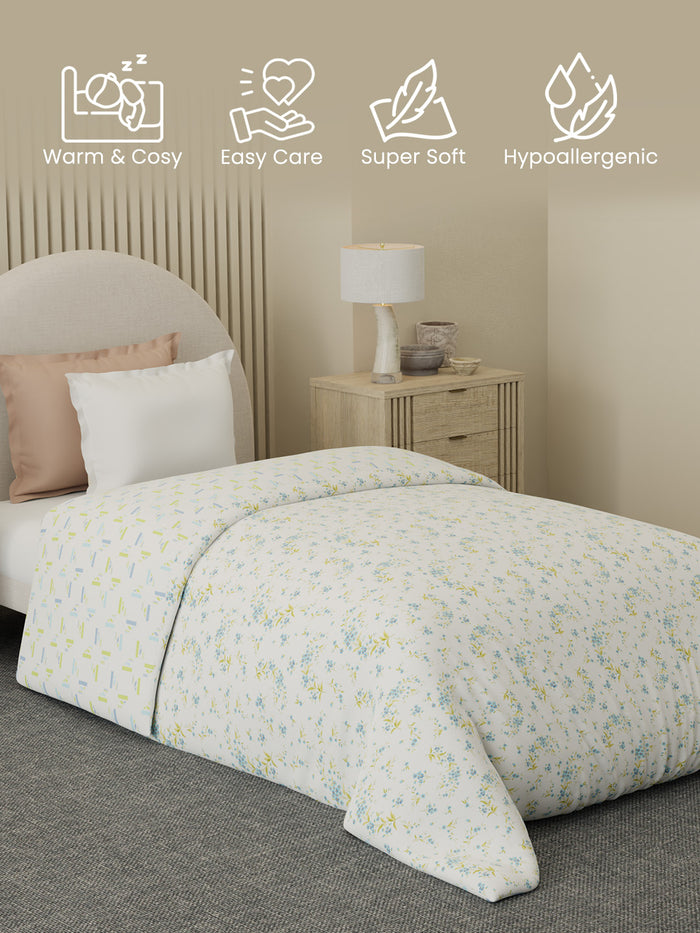 Reversible Single Comforter 100% Cotton 300 TC — Blue & Green Floral Design | For Mild Winter, All Season Cottage Garden Collection, Cozy Winter Bedding