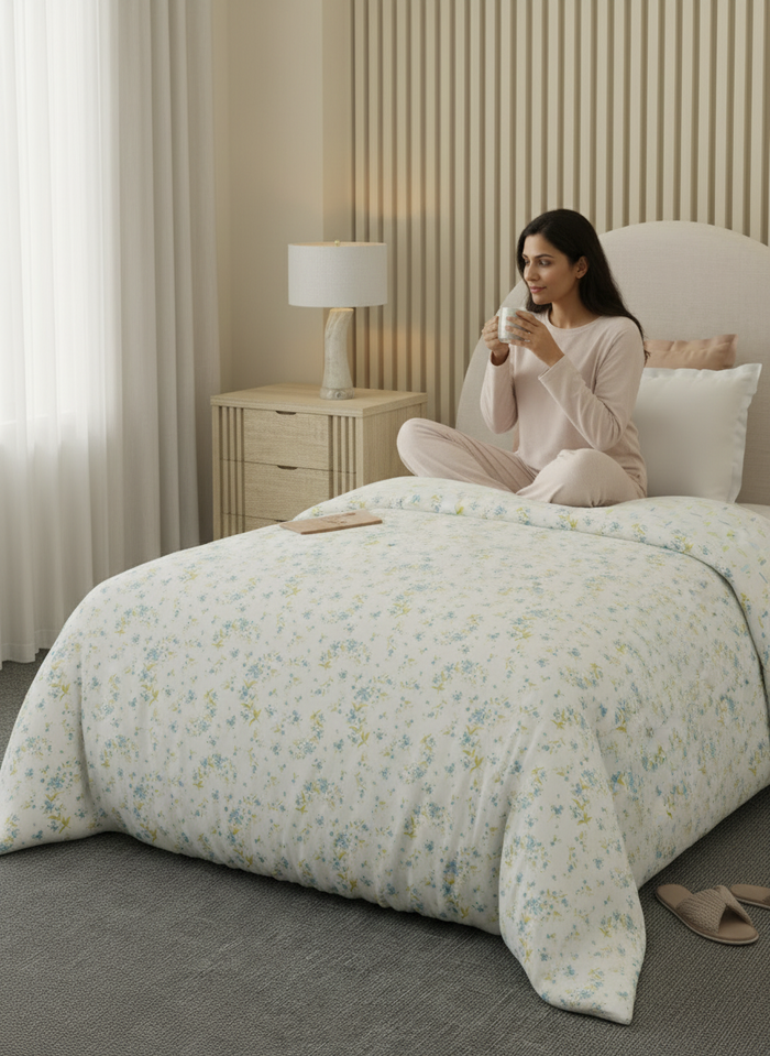 Reversible Single Comforter 100% Cotton 300 TC — Blue & Green Floral Design | For Mild Winter, All Season Cottage Garden Collection, Cozy Winter Bedding