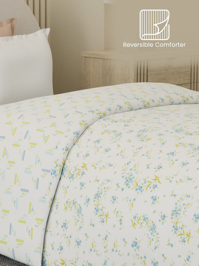 Reversible Single Comforter 100% Cotton 300 TC — Blue & Green Floral Design | For Mild Winter, All Season Cottage Garden Collection, Cozy Winter Bedding