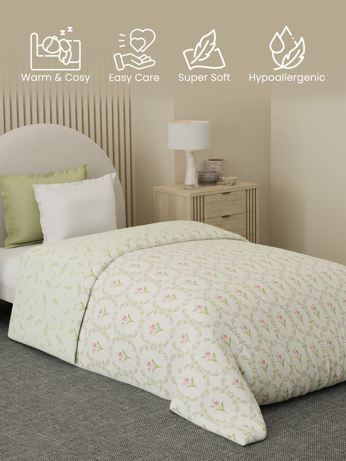 Reversible Single Comforter 100% Cotton 300 TC — Green & Pink Floral Design | For Mild Winter, All Season Cottage Garden Collection, Cozy Winter Bedding