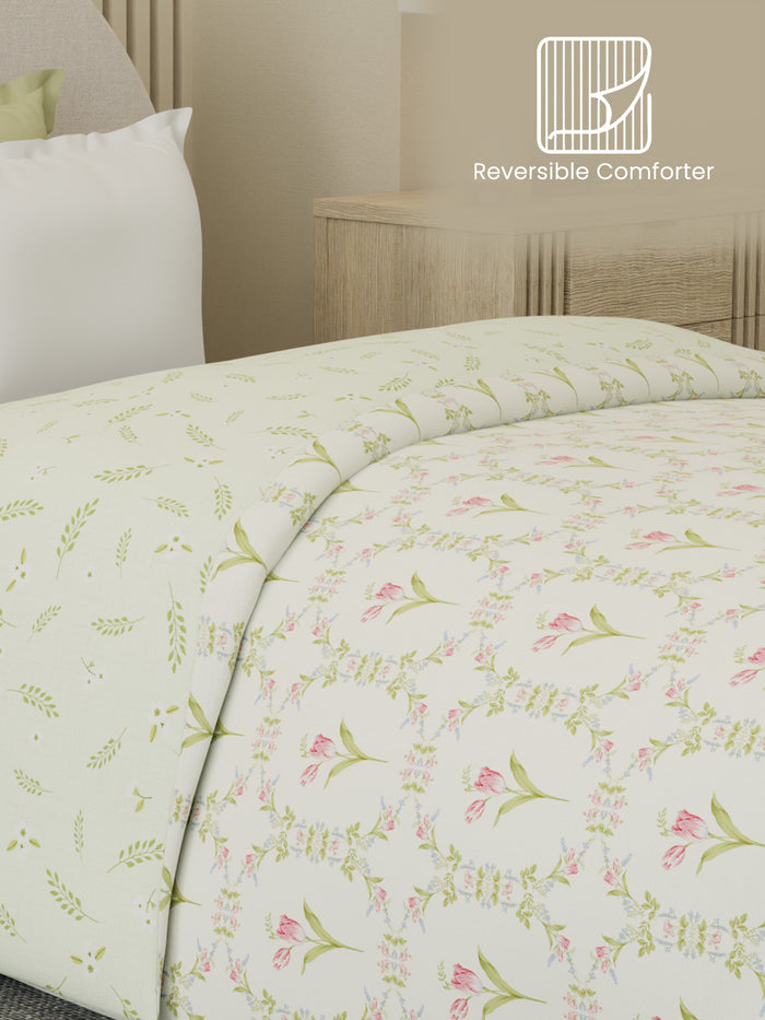 Reversible Single Comforter 100% Cotton 300 TC — Green & Pink Floral Design | For Mild Winter, All Season Cottage Garden Collection, Cozy Winter Bedding