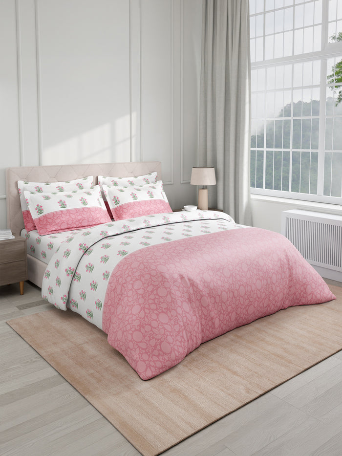 Royal Essence 100% Cotton 400 TC Pink & White Floral King Bedsheet with 4 Pillow Covers & 2 Cushion Covers