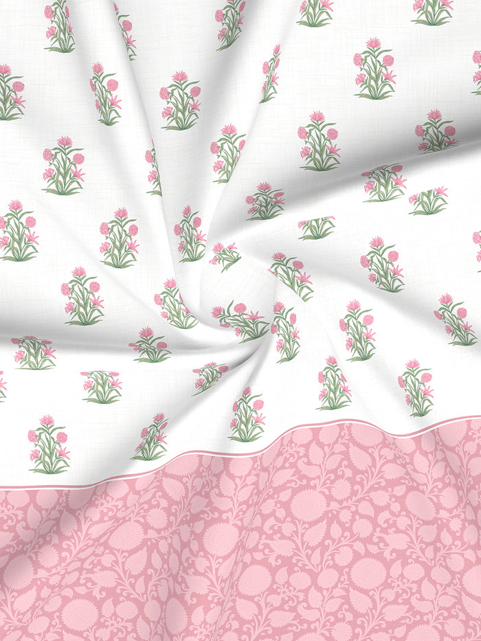 Royal Essence 100% Cotton 400 TC Pink & White Floral King Bedsheet with 4 Pillow Covers & 2 Cushion Covers